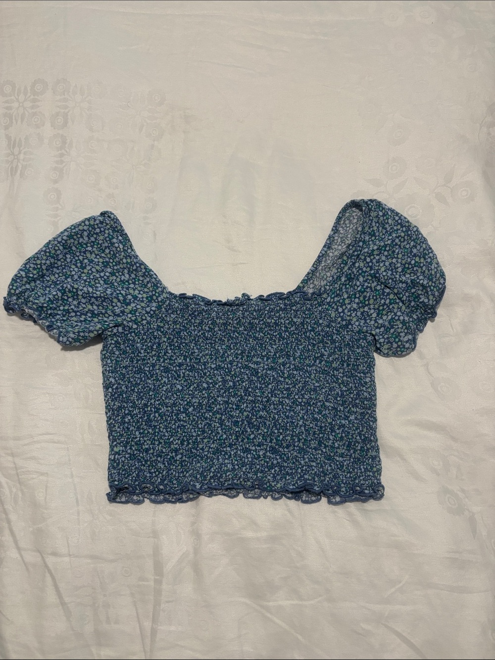 Blue and Green Ditsy Floral Smocked Crop Top Aerie